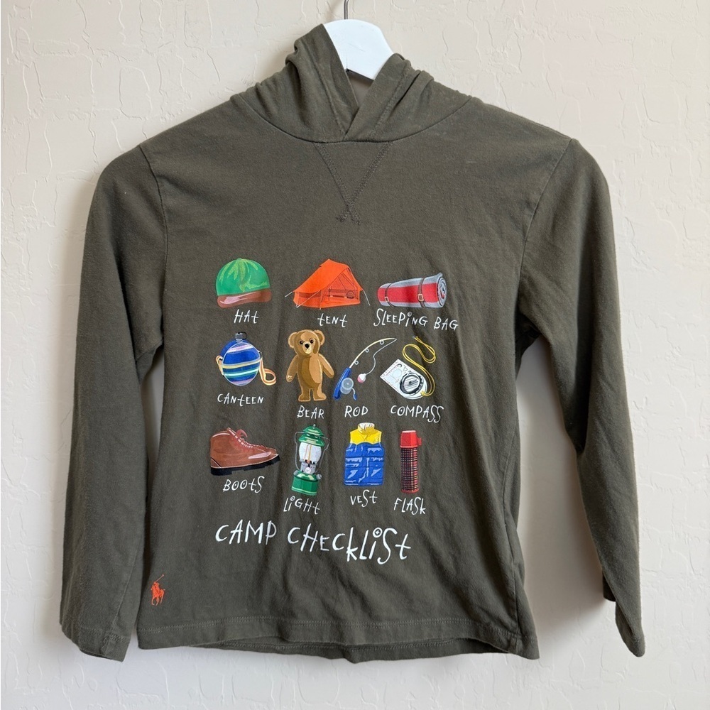 Polo Ralph Lauren Bear Boys Camp Checklist Green Hooded Long Sleeve Shirt 8